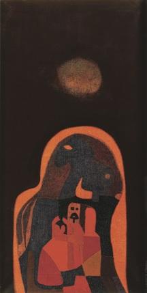 Bálint Endre: Családi béke kulcslyukon keresztül, 1959, olaj, fa, 63 × 32 cm, Kolozsváry-gyűjtemény, Győr