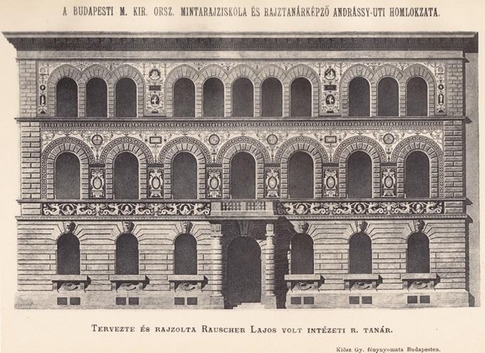 Mintarajziskola homlokzata, fénynyomat – MKE Könyvtár (1878–1879-es évkönyv melléklete)