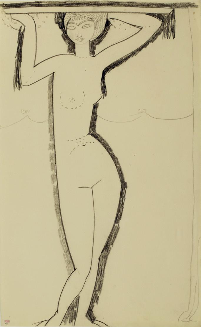 Amedeo Modigliani: Kariatida, elölnézet, 1914 előtt, kréta, papír, 427 × 263 mm, magángyűjtemény, tartós letét