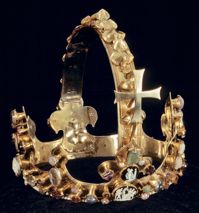 IV. Károly római királyi koronája, Prága, 1349 előtt, aranyozott ezüst, kámeák, drágakövek, antik gemmák, Aachen, Dómmúzeum