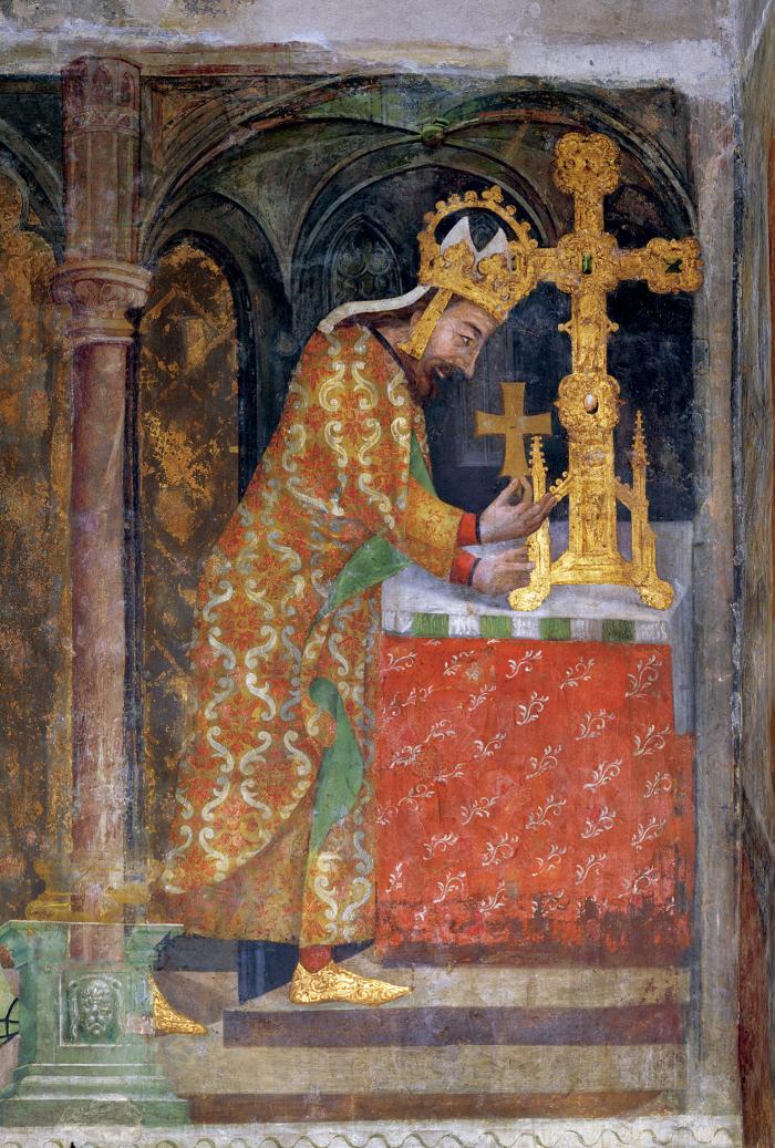IV. Károly császár elhelyezi a Szent Kereszt ereklyét a nagy koronázási eskükeresztben, 1360 körül, falfestmény (részlet), Karlstein, Miasszonyunk kápolna