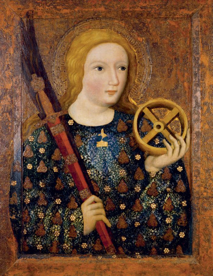Theodorik mester: Szent Katalin, Prága, 1360–1364, olaj, tempera, bükkfa, vászon, aranylemez, Nemzeti Galéria, Prága, a Nemzeti Örökség Intézetének letétje