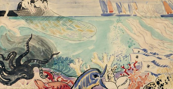 Vaszary János: Tengeri világ (vázlat), 1926–28, papír, akvarell, tus, 51,5 × 101,5 cm Magyar Nemzeti Galéria
