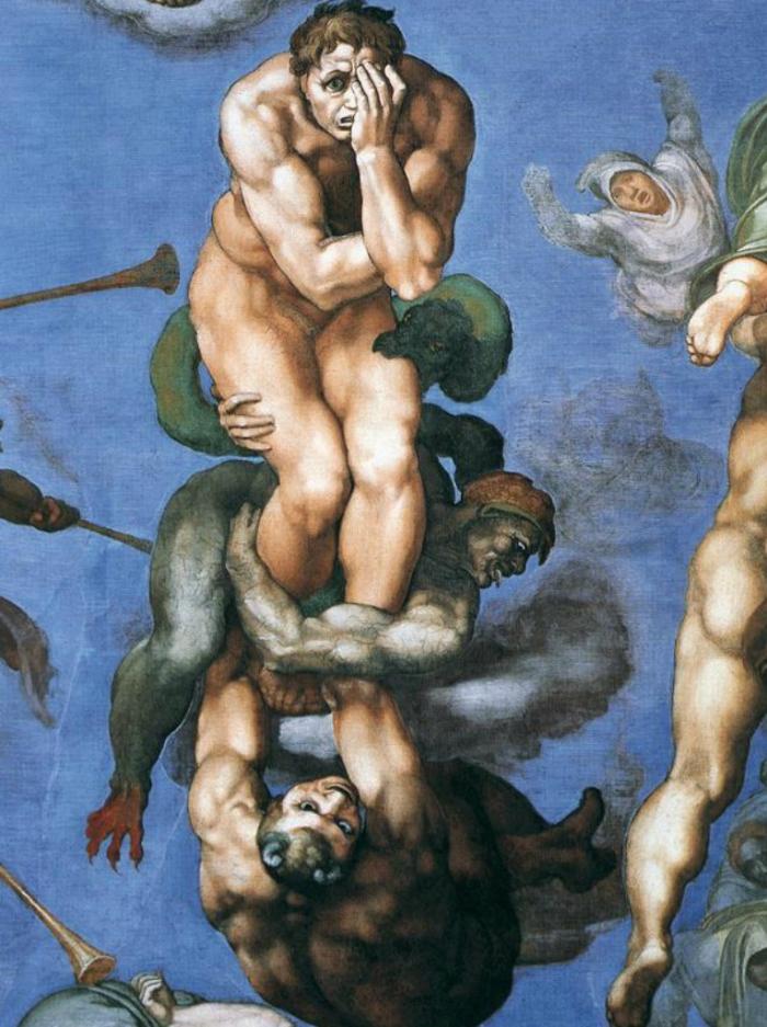 Michelangelo Buonarotti: Az utolsó ítélet (részlet), 1536–41, freskó, 1370 x 1200 cm, Sixtus-kápolna, Vatikán Forrás: Wikimedia Commons