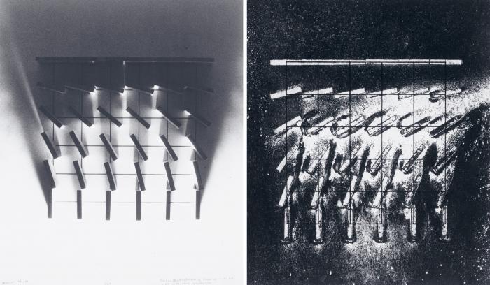 Maurer Dóra: Zsilipek / Sluices 3 A+B, 1980-81, ezüst print, akvatinta, 55 x 46,5 cm egyenként © Vintage Galéria Budapest jóvoltából