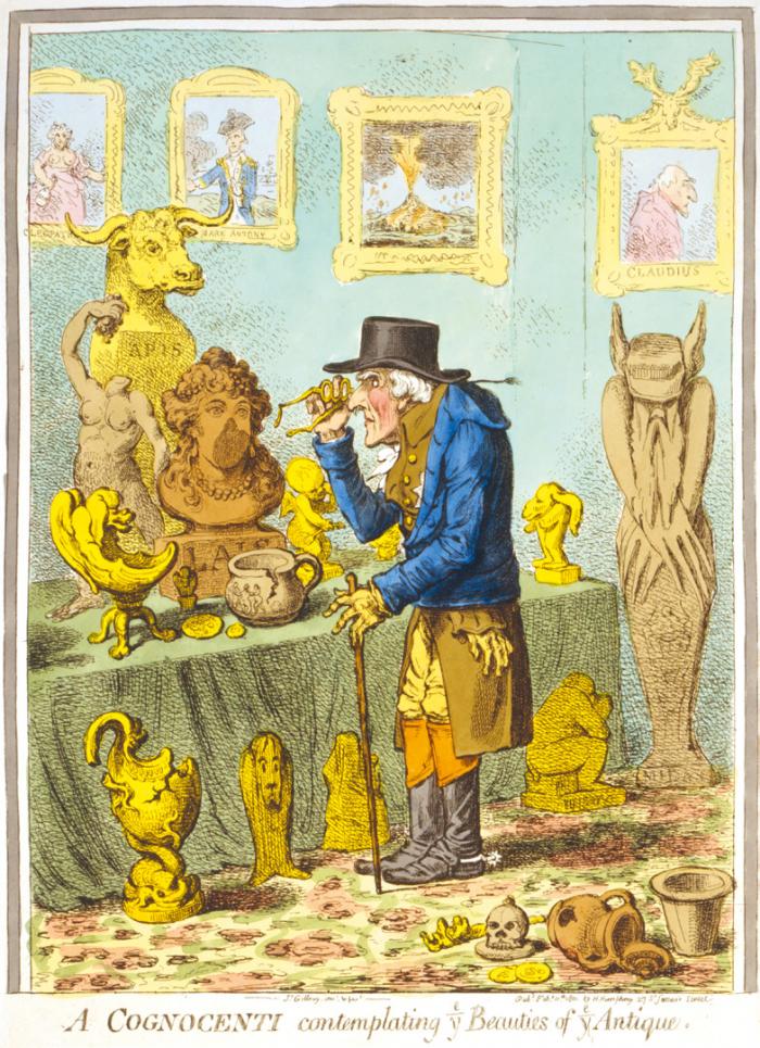James Gillray: A műértő, gúnyrajz, kézzel színezett metszet, Library of Congress, Prints & Photographs Division Forrás: Wikimedia Commons
