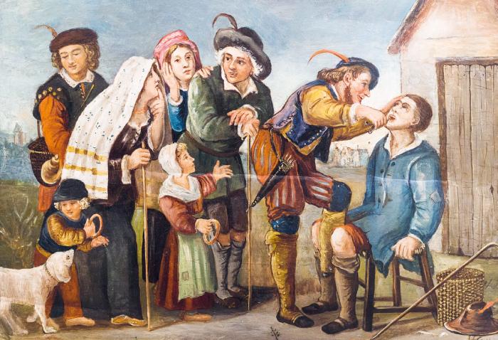 Ismeretlen németalföldi festő: Falusi fogászat, olaj, fatábla, 17. század olaj, fatábla, után: 30 x 41 cm © Fotó: Bognár Benedek - Simon Zsuzsanna