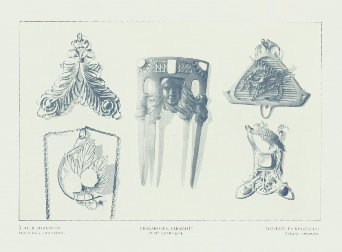 Tarján azsúrzománcos aranyékszerei, balra lent Lalique komlóindás nyakékének elemeit variáló függő. A páva és a repülőhal is Lalique kedvelt motívumai voltak és a fésűnek is megvan az előképe a francia mester munkái között. Forrás: Magyar Iparművészet, 1905. 28. o.