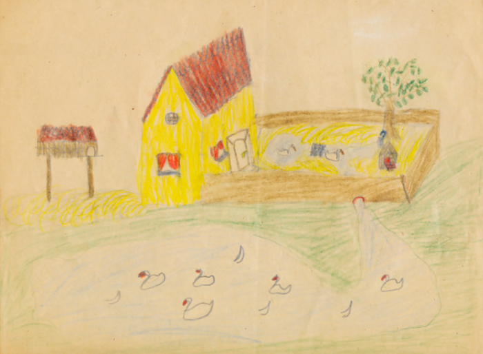 Maurer Dóra rajza 1942 körülről, színes ceruza, irodai papír, kb. 210 x 290 mm © Maurer Dóra