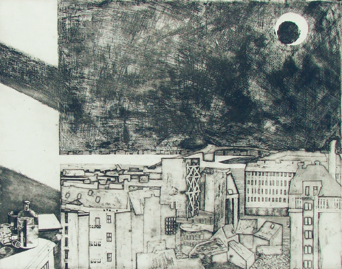 Maurer Dóra: Napfogyatkozás (a Mindennapok című sorozatból, diplomamunka), 1960, rézkarc, síkmarás, 168 x 215 mm © Maurer Dóra