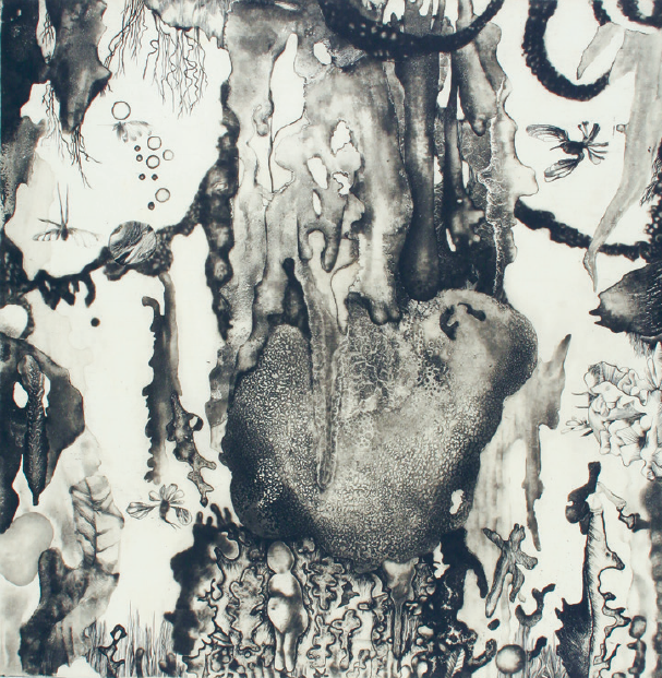 Maurer Dóra: Édenkert pitvarában (Pompeji sorozat 3.), 1964, rézkarc, vegyes technika, 290 x 290 mm © Maurer Dóra