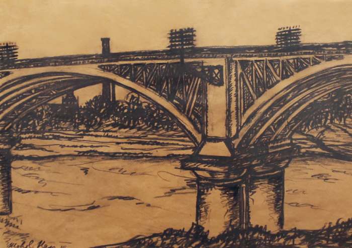 Moholy-Nagy László: A szegedi vasúti híd, 1919, grafit, papír, magántulajdon (letét, Móra Ferenc Múzeum, Szeged) © Móra Ferenc Múzeum