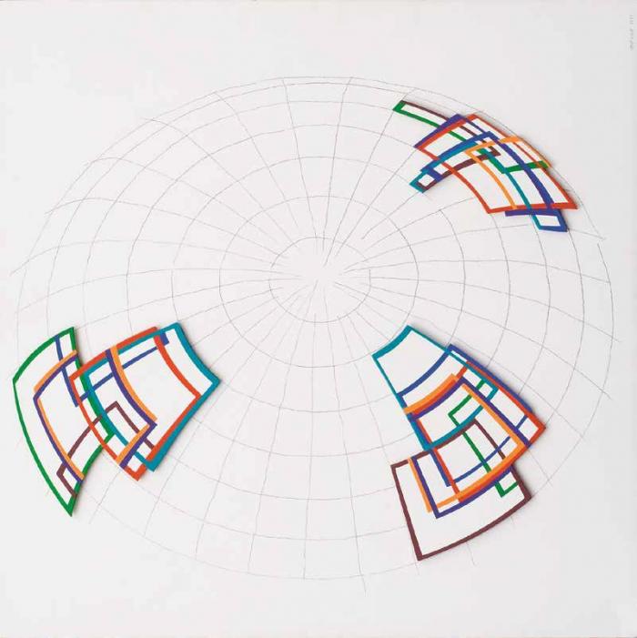 Hemiszferikus hármasikrek, 1999– 2001, installáció falrajzzal, falap, vászon, akril, rajzszén, 330 x 400 cm © Maurer Dóra Fotó: Sulyok Miklós