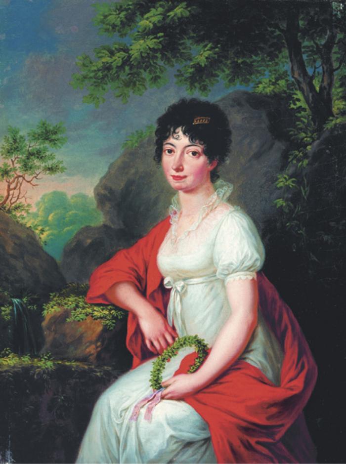 Donát János (1744–1830): Női portré, 1810, olaj, vászon, 48×36 cm, Kovács Gábor Gyűjtemény A képen szereplő ifjú hölgy Jane Austen kortársa, de lehet, hogy a pályatársa is. Komolyan tekint ránk, a keze koszorút tart, de közben régi mohos kövön pihen, a háttérben egy forrás csörgedez. Klasszikus korra és műveltségre utaló kellékek, empire ruha és római szobrokat idéző hajviselet. Vajon ki lehet ez a szépnek nem, de értelmesnek annál inkább tűnő ifjú hölgy? Talán a Donáttal élénk levelezést folytató Kazinczy köréhez tartozhatott?