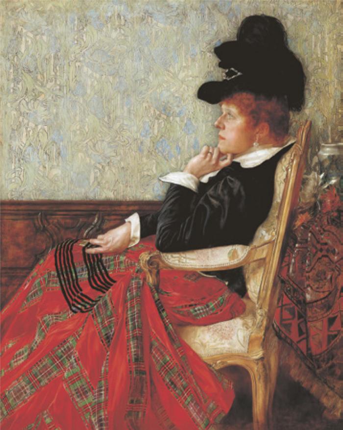 Karlovszky Bertalan (1852–1919): Karosszékben ülő nő, 1889, olaj, fa, 73 × 50 cm, magángyűjtemény Karlovszky Bertalan női portréján a művész elsősorban a különböző anyagok érzékien naturális megfestésével játszik. A tapéta szecessziós ornamentikája, a szoknya vörös selyme vagy a haj és a kalap fekete bársonyának kontrasztja, „az első pillantásra össze nem illő színek és mintázatok végeredményben érdekesen bizarr, rendkívüli képet hoznak létre”. (Hessky Orsolya)