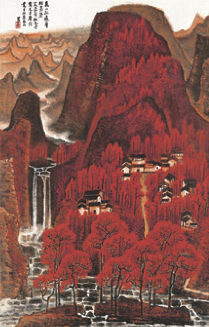 Li Keran: Tájkép vörösben, 1964, színes tus, papír, 131 × 84 cm A Poly International Modern festészet & kalligráfia tavaszi aukcióján (2012. június 3. Peking) 43 987 500 USA dollárért kelt el © Poly International