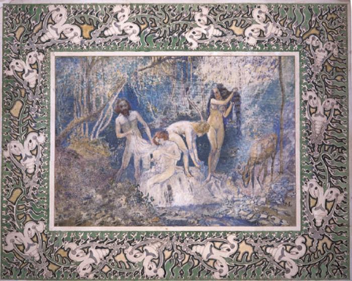 Nagy Sándor: Az új Jordán mellett. papír, akvarell, tus, 39×48 cm. Nagy Sándor-ház, Gödöllő