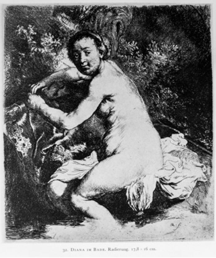 32. Diana a fürdőben, rézkarc, 17,8×16 cm János Plesch: Rembrandt im Rembrandt. Holbein Verlag, Basel, 1952, 66–67. oldal