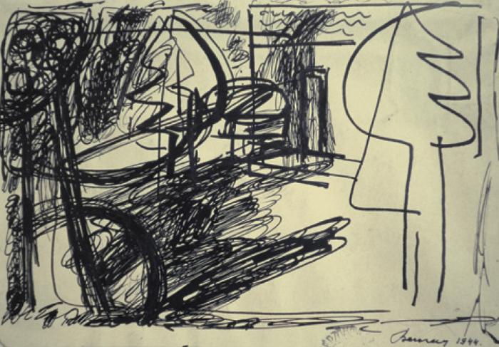 Barcsay Jenő: Táj II., 1944, papír, tus, toll, 122 × 177 mm | MKE, ltsz.: 6442, ajándék a művésztől, 1946-76