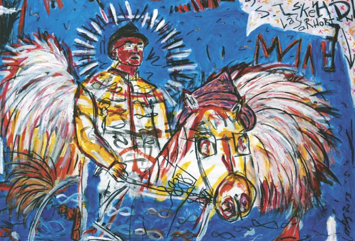Dr. Máriás: Semjén Zsolt belovagol Basquiat műtermébe, akril, szén, farost, 90 × 130 cm, 2013