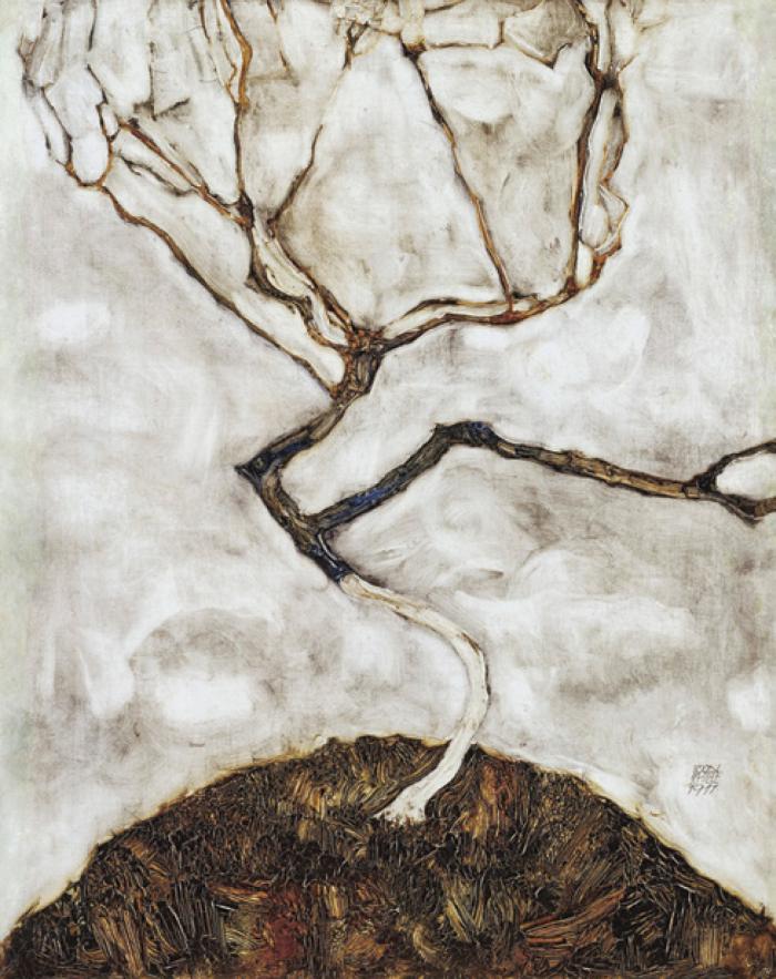 Egon Schiele: Fa késő ősszel, 1911, olaj, fa, 42 × 33,5 cm, Leopold Museum , Bécs, ltsz.: LM 459 © Leopold Museum, Wien