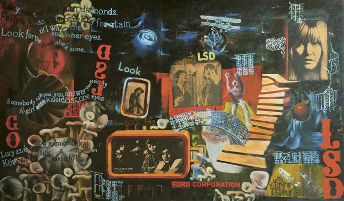 Sarkadi Péter: LSD, 1967, olaj, kollázs, farost, 60 × 100 cm