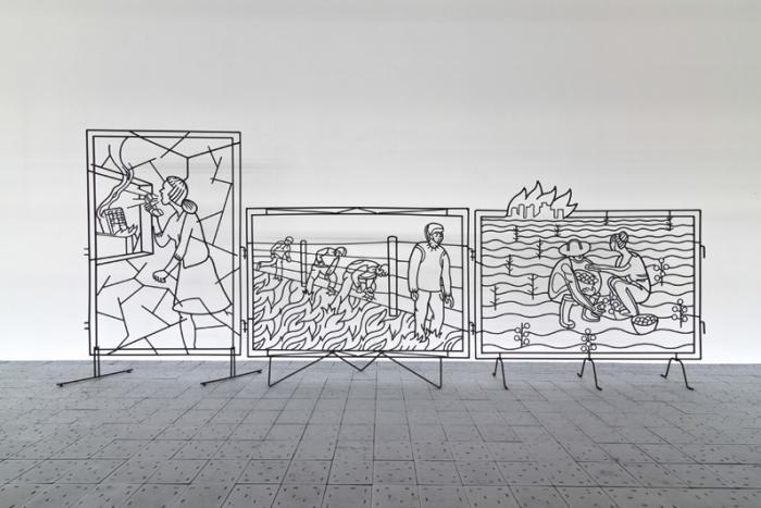 Randomroutines: Fencescapes, 2013, hegesztett betonvas, 3 panel egyenként 180 × 120 cm © Fotó: Dalibor Novotný