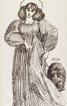 Dante Gabriel Rossetti: Jane Morris vombatot sétáltat (60 karikatúrát tartalmazó albumból), 1869, papír, ceruza, toll, barna tus, 18,2 × 11,3 cm, British Museum ltsz.: 1939,0513.3 A képen Rossetti két imádottja stílszerűen glóriával a fejük felett: Jane Burden, alias Mrs. Morris és a pórázon vezetett kedvenc, aki a Top névre hallgatott (talán nem véletlenül, hiszen Topsy volt a felszarvazott Morris beceneve) © The Trustees of the British Museum