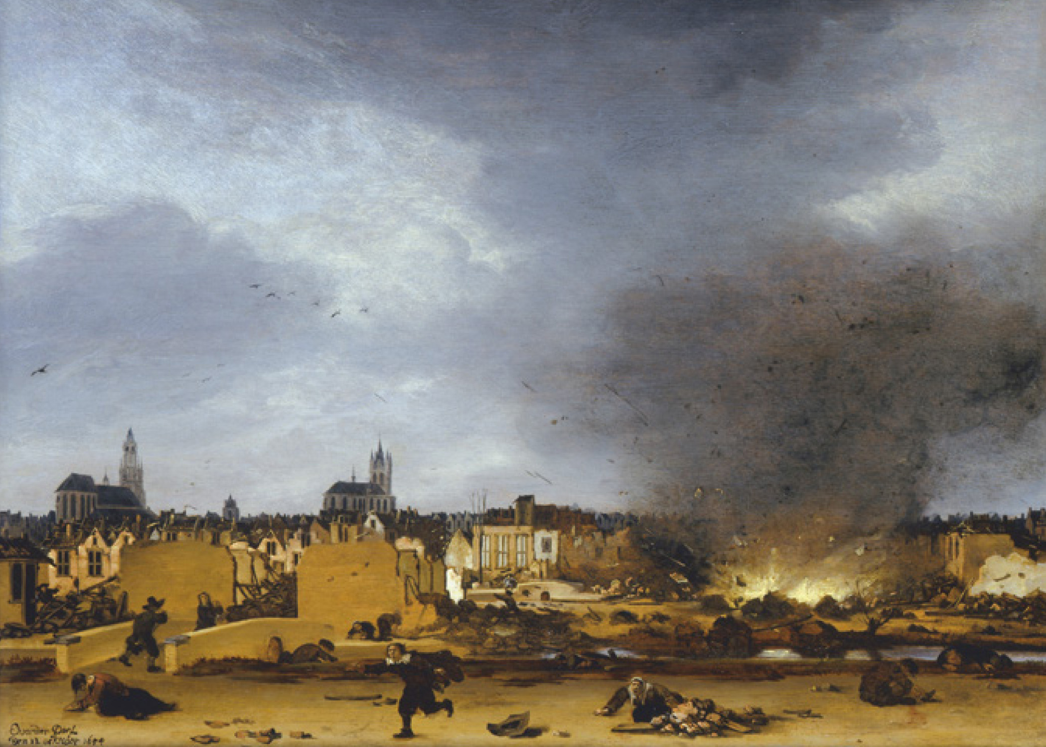 Egbert van der Poel: Delft látképe az 1654-es robbanáskor, 1654, olaj, fa, 36×49 cm, Johnny van Haeften Gyűjtemény, London