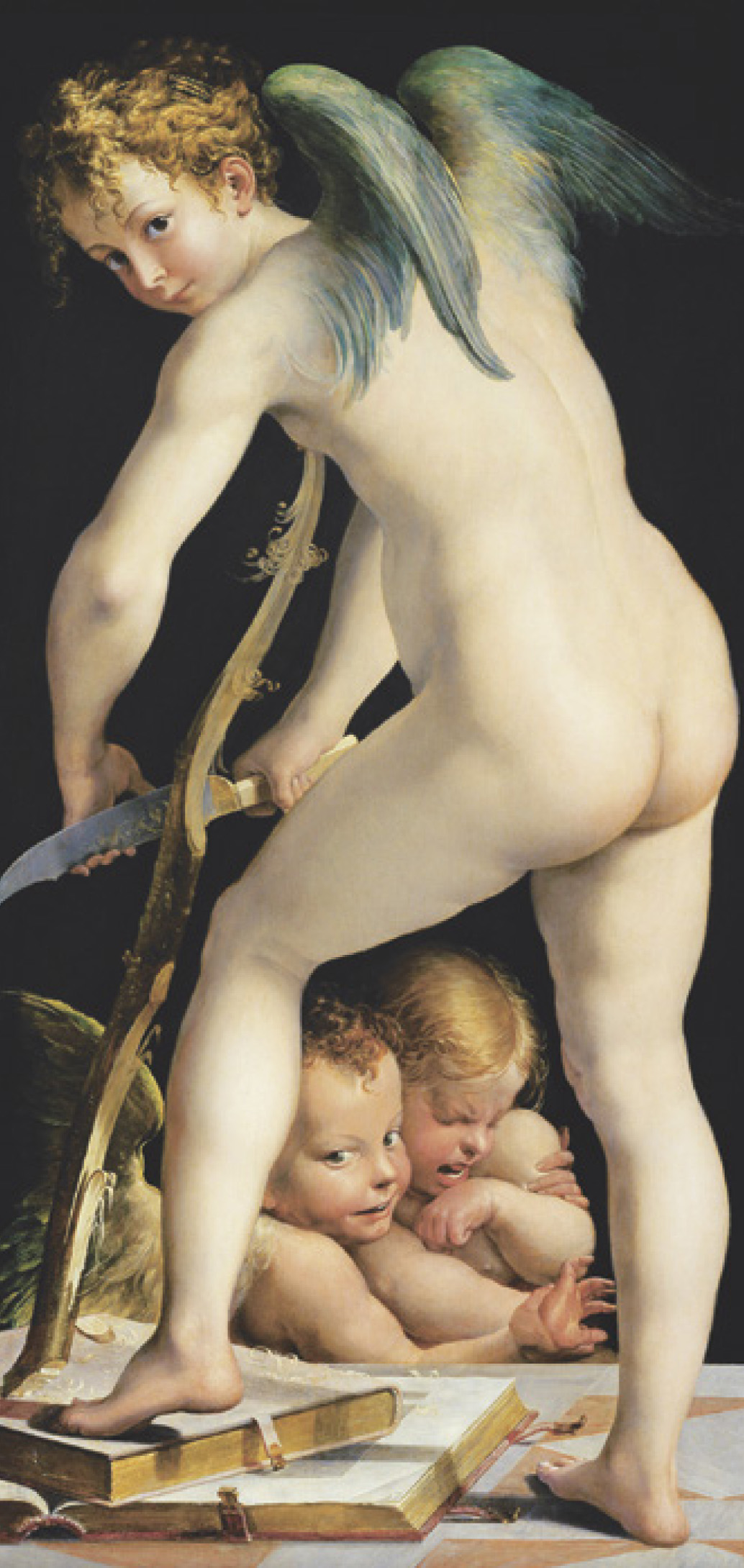 Joseph Heintz d. ä. : Íjat faragó Ámor, 1603 után, fa, 135×64 cm © Kunsthistorisches Museum Wien, Gemäldegalerie
