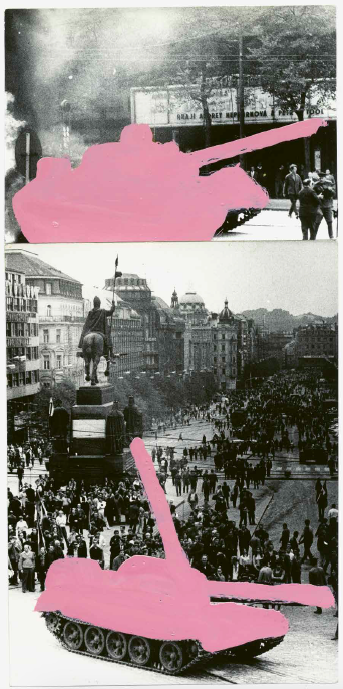 Stano Filko: Pink Tank, Remembering HAPPSOC (Rózsaszín tank – a HAPPSOC-ra emlékezve), 1968, fekete-fehér fotó, festék, 300 x 146 m © Marinko Sudac-gyűjtemény