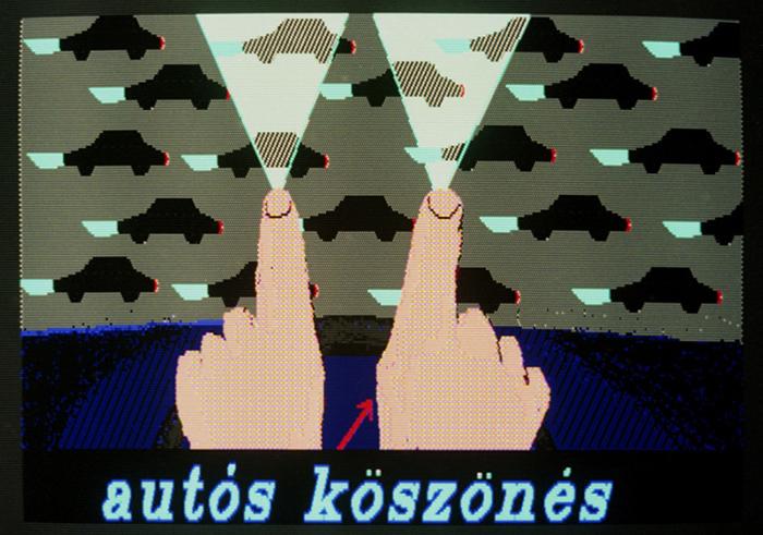 Sugár János: Autós köszönés, 1986 színes print, 35 x 45 cm, SZTAKI PCPaint program, in: Új képkorszak határán, Számalk, 1989