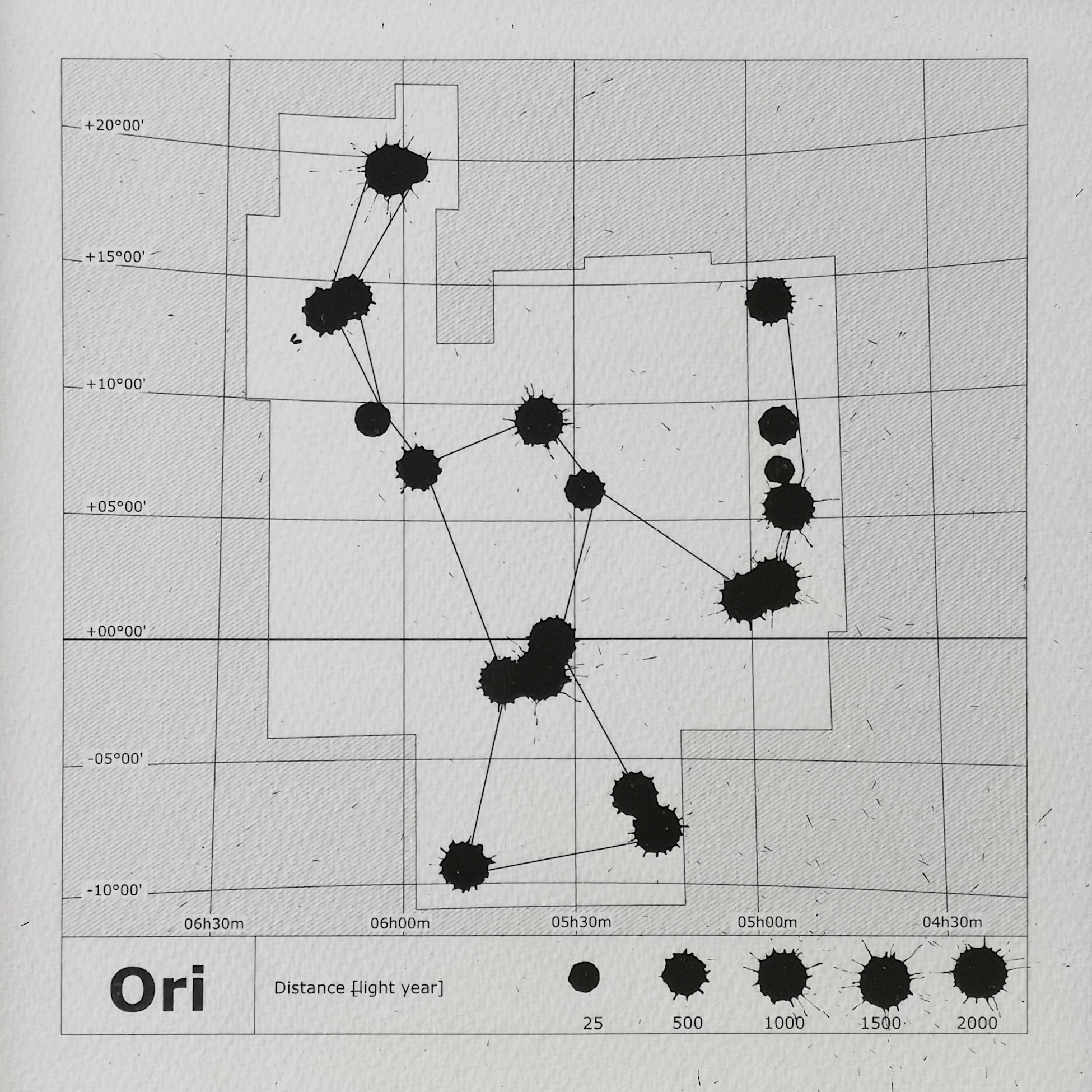 Szécsényi-Nagy Lóránd: Space-Time Maps – Constellations [Cas – Lyr – Ori - UMi], 2019. lézernyomat, tus, papír, egyenként 25x25 cm (részlet a teljes műből)