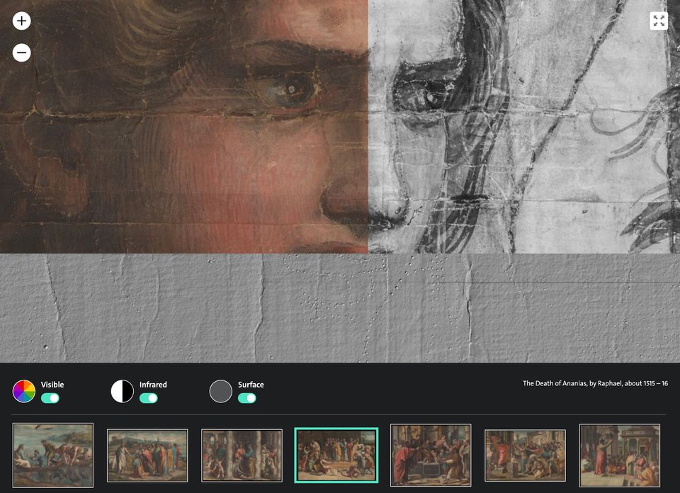 V and a digital interactive showing colour 3d and infrared detail of the raphael cartoon the death of ananias photo c v and a courtesy royal collection trust hm queen elizabeth ii 2021 2
